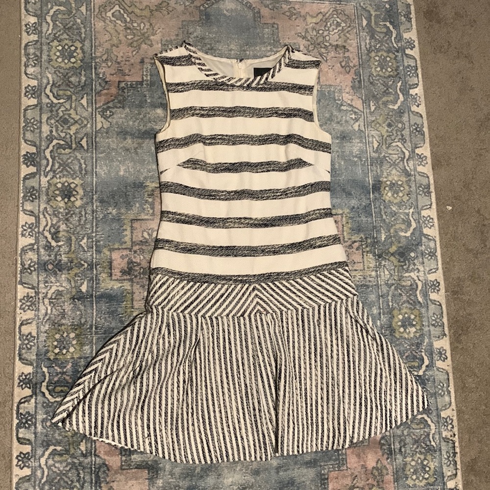 J. Crew White and Black/Cream Stripe Sleeveless Dress With Drop Waist